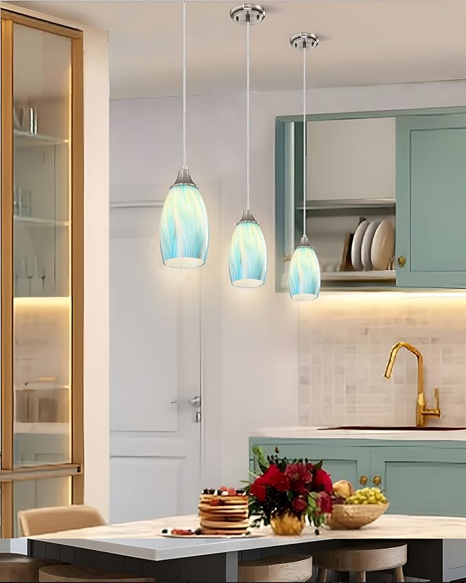 karyfine Mini Art Glass Pendant Lights Kitchen Island,Handcrafted Teal with Gold Glass Ceiling Pendant Lighting Brushed Nickel Adjustable Cord Hanging Lamp Cover for Coffe Bar,Dining Room 3pack
