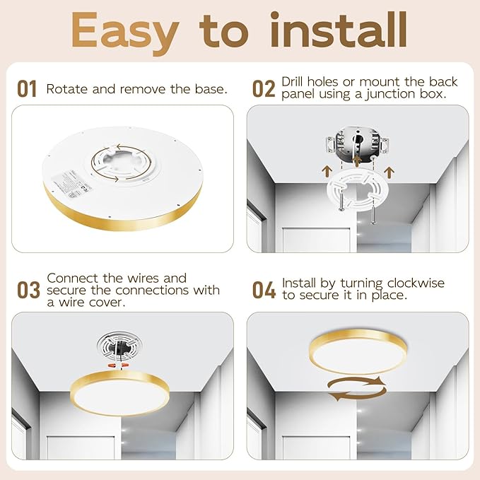 Hlite Dimmable 4pack 12 inch Gold Flush Mount Ceiling Light,24W 2600LM Super Slim 3000K/4000K/5000K 3CCT Selectable,Dimmable Ceiling Light Fixtures for Kitchen,Bedroom (Gold)