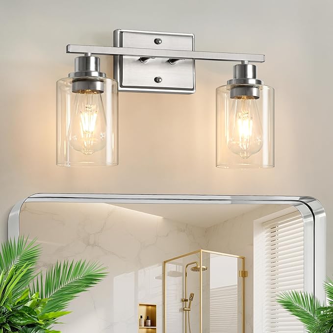 Unicozin 2 Light Bathroom Light Fixtures, Modern Vanity Lights Over Mirror, Brushed Nickel Wall Lamp with Clear Glass for Living Room Cabinet Bedroom Porch