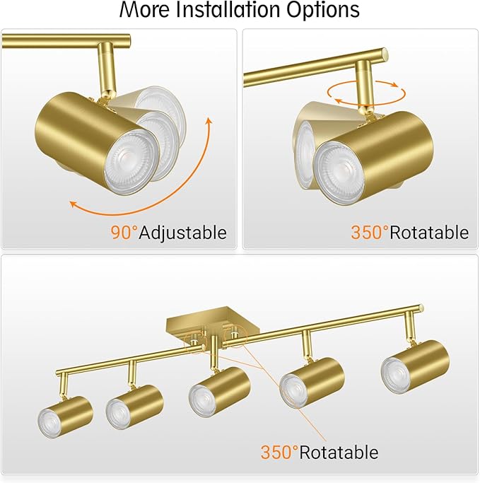 5 Light Track Lighting Fixtures Ceiling, Gold Kichen Track Lighting, Rotatable Light Heads, Adjustable Modern LED Track Lights for Kitchen/Living Room/Hallway/Bar,GU10 Bulb Not Included