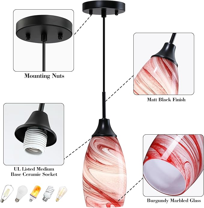 Viinew Mini Glass Pendant Light,3-Pack Handblown Burgundy Marble Art Glass Hanging Light 4.72" Oval Ceiling Hanging Light Fixture for Dining Room Kitchen Island Cafe Foyer Hallway