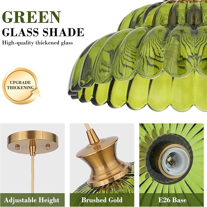 Green Glass Pendant Lights, 11.8" Vintage Lighting Glass Light Fixtures Brushed Gold Modern Hanging Ceiling for Kitchen Island Dining Room Restaurant Foyer Entryway