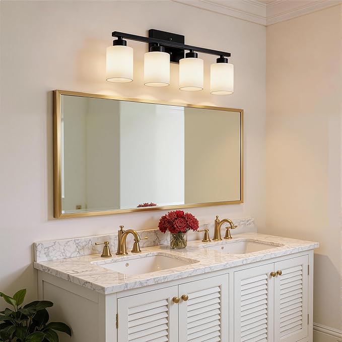 PARTPHONER 4-Light Matte Black Bathroom Light Fixtures, Modern Vanity Light Over Mirror Lighting, Wall Sconce with Frosted Milky White Glass Shades for Bedroom Living Room Kitchen Hallway