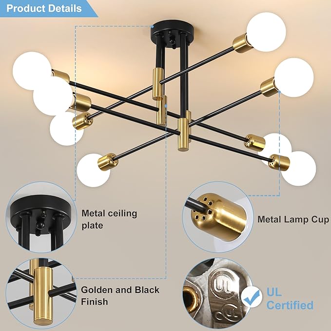Sputnik Chandelier Mid Century Modern Nordic Pendant Lighting 8 Lights Ceiling Light Fixture Black Light for Living Room, Kitchen, Bedroom, Dining Room