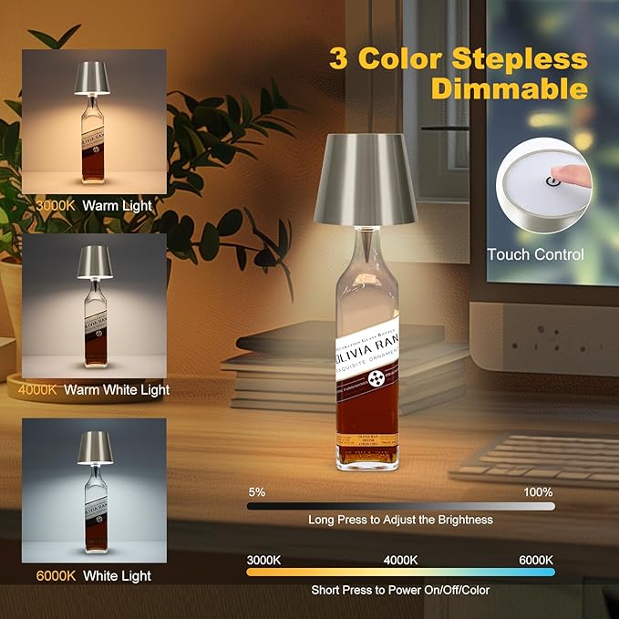 Wireless Bottle Lamp, 2026 New 3 Color Rechargeable Led Wine Bottle Lights for Bars Restaurants (Silver, 1PC)