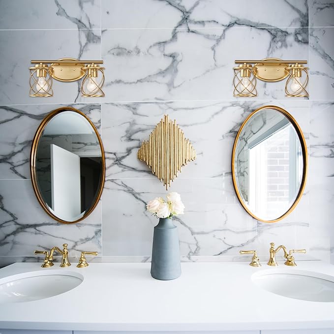 mavcadonf 2-Light UL Certified Brushed Gold Vanity Light, Metal Cage Shade Wall Sconce Over Mirror, Modern Farmhouse Light Fixture for Bathroom Kitchen Bedroom Hallway