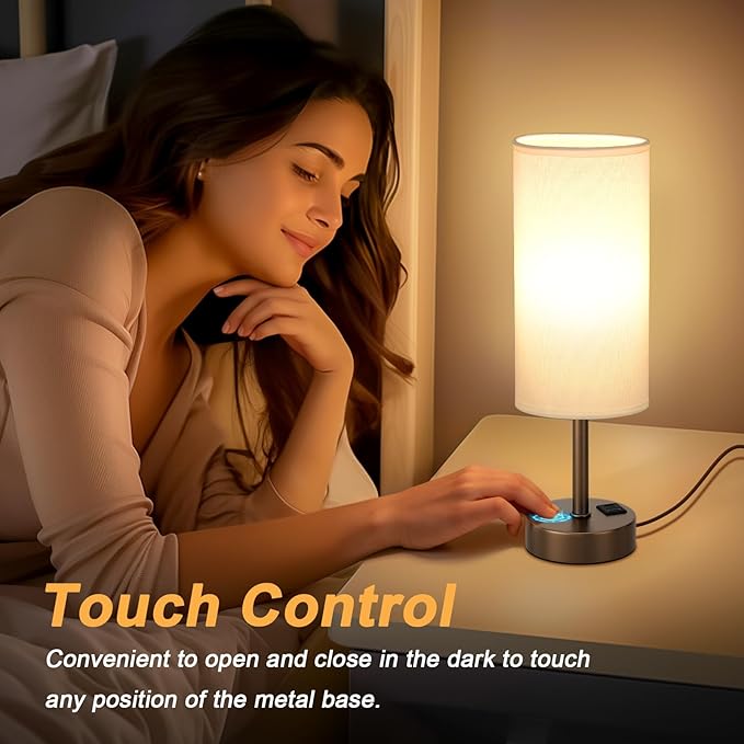Dicoool Bedside Touch Table Lamps for Bedroom Nightstand with USB-C USB-A Charging Ports, White & Brown 3 Way Dimmable Small Desk Lamp for Office, Living Room, Reading, Dorm