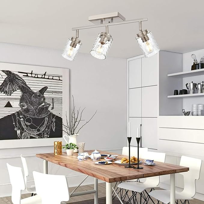 Track Ceiling Lighting,3 Light Vanity Lights for Bathroom Brushed Nickel Rotatable Track Head Wall Light Fixture with Clear Hammered Shade for Bedroom Cloakroom Entryway Balcony Hallway