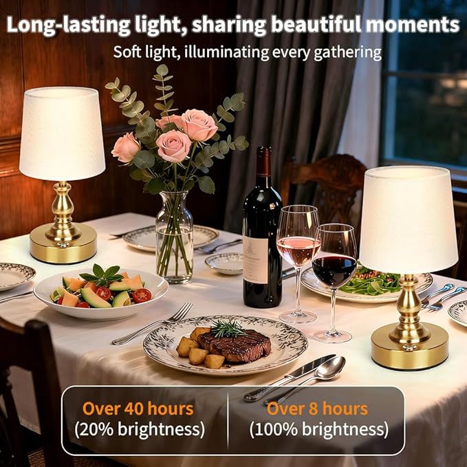 AUAUY Table Lamp for Bedroom, 5200mAh Battery Powered Touch Bedside Lamps, Rechargeable Desk Lamp Cordless, 3 Way Dimmable, Nightstand Lamps with Fabric Shade for Home Living Room Office Study, Gold