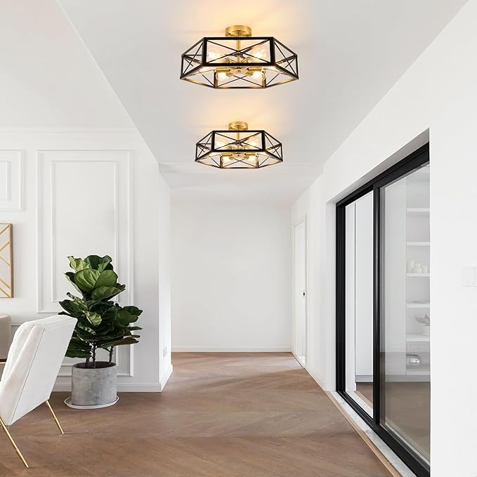 WILON Industrial Semi Flush Mount Ceiling Light, 19.68" Dining Room Light Fixture Farmhouse 6-Light Kitchen Lighting Fixtures Ceiling Mount Black and Gold Light Fixture for Hallway Kitchen Foyer