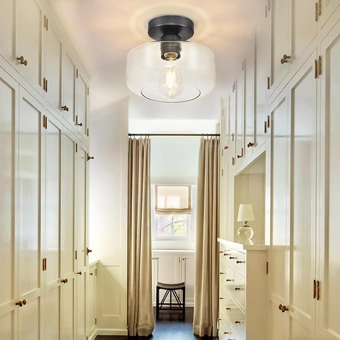 Industrial Semi Flush Mount Ceiling Light: Black Kitchen Lighting Fixtures Ceiling with Clear Glass - Vintage Hallway Light Fixtures E26 Bulb Included - 8.46” Light Fixtures Mount for Foyer