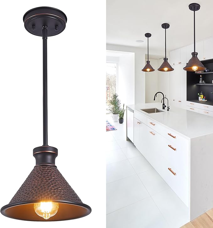 Tarentlight Max 58”Ht Adjustable Tube Mini Pendant,Vintage Hammered Pattern Cast Aluminum Shade,1-E26 Classic Lamp,Oil Rubbed Bronze Farmhouse Hanging Light for Kitchen Island,Entryway,Dining Room.