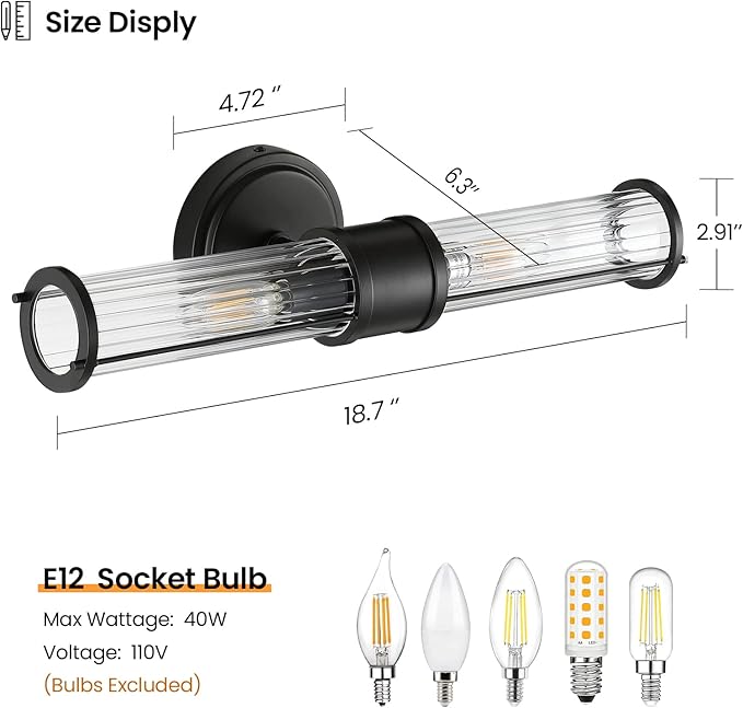 Bathroom Sconce Wall Lighting - Black Bathroom Vanity Light Fixture Vertical and Horizontal Wall Mount 2-Light Modern Indoor Wall Light for Hallway Living Room(E12 Bulbs Excluded)