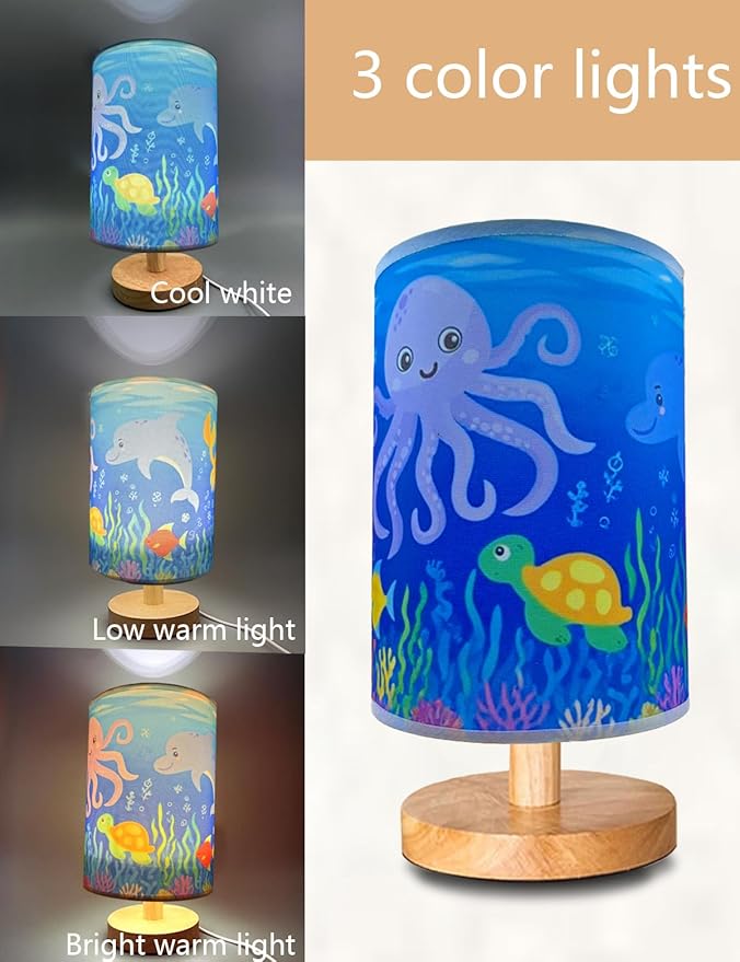 Ocean Lamp, Ocean Lamps for Bedrooms, 3 Level Dimmable Wood Nightstand Desk Base Flaxen Fabric Shade for Bedroom Living Room, Gifts for Sea Lovers