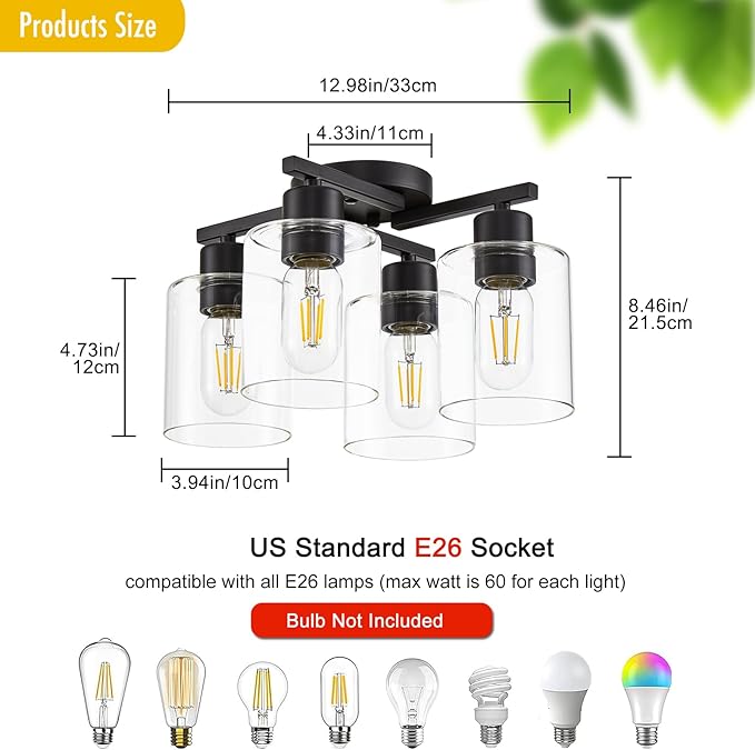 Kitchen Lighting Fixtures Ceiling, Black Semi Flush Mount Ceiling Light, 4 Light Kitchen Light Fixtures Cieling Lights with Clear Glass Shade for Bedroom Foyer Farmhouse Hallway