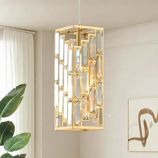 CATINER Gold Crystal Pendant Light, Mini Hanging Pendant Lighting Fixture with Adjustable Cord, Modern Luxury Pendant Light for Kitchen Island, Dining Room, Bedroom, Hallway, E26 Base (1 Pack)