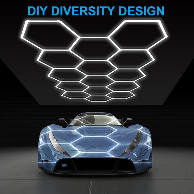LZHOME LED Hexagon Garage Light: 12700LM Car Detailing Shop Light, DIY Splicing Ceiling & Wall Decor Lights, for Workshop Basement Gym Warehouse Bar Gaming Room