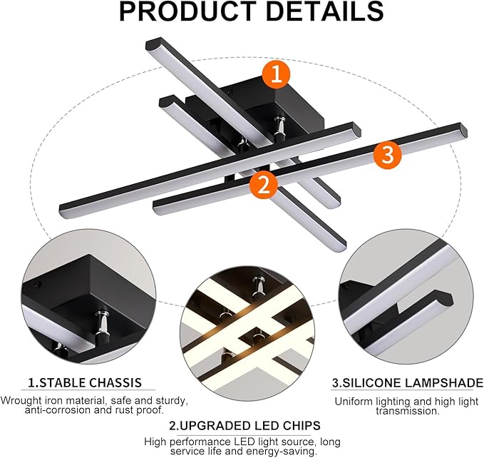 Modern LED Ceiling Light with Remote, Dimmable 24in Ceiling Lights for Bedroom Living Dining Room Kitchen, Black Flush Mount Ceiling Light Fixture LED Chandelier Ceiling Lamp (4-Light, 2000lm)