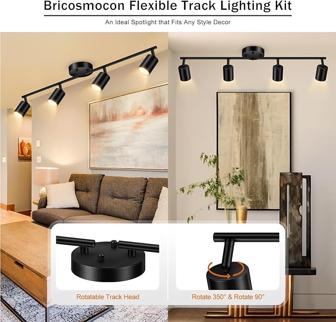 Track Lighting Fixtures Ceiling Black, Kitchen Lighting Fixture, 30" 4-Light Track Light Kit, LED Wall Spotlights with Rotatable Heads, Ceiling Lights for Sink Bathroom(GU10 Socket, No Bulb)