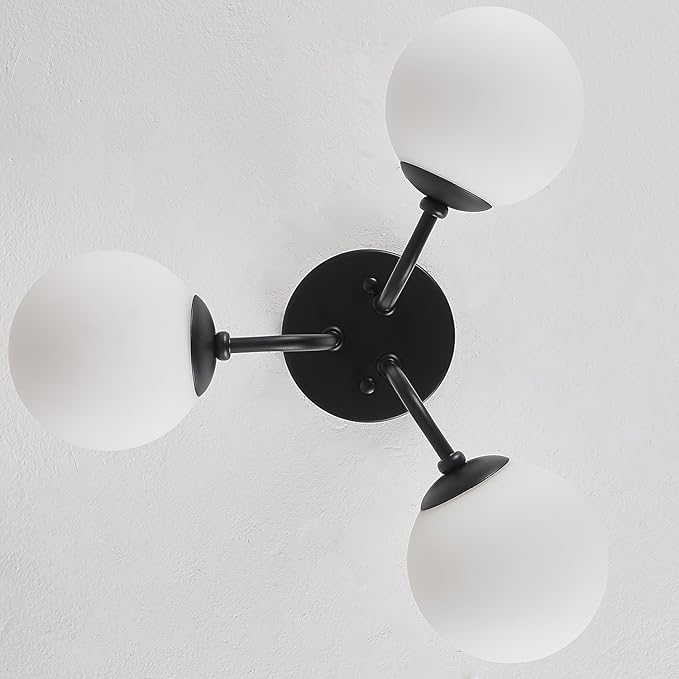 Modern Semi Flush Mount Ceiling Light,Black White Glass Shade Semi Ceiling Light 3-Light,Sputnik Chandeliers for Bedroom Hallway Dining Room Lighting Fixture, HL-23072702