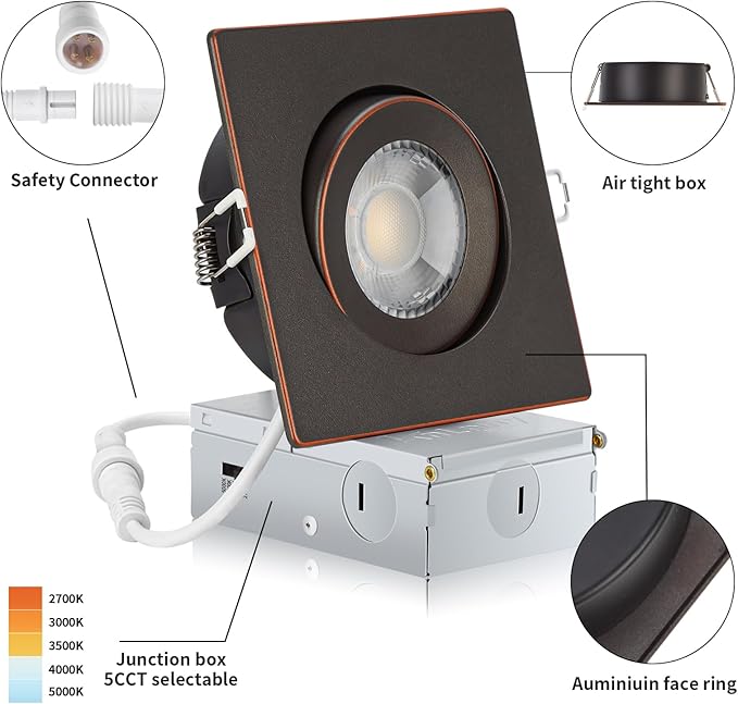 KnLnny Ware Oil Rubbed Bronze Gimbal Recessed Lighting 4 inch 6 Pack,Suare Canless Recessed Lights with Junction Box,dimmable, 5CCT Selectable,9W 750LM