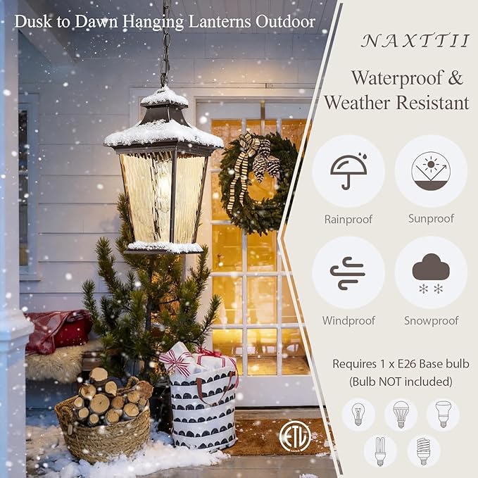 Outdoor Pendant Lights for Porch 16.5" Large Dusk to Dawn Outdoor Chandelier with Water Ripple Glass Oil Rubbed Bronze Modern Hanging Porch Light with Adjustable Chain E27 Socket