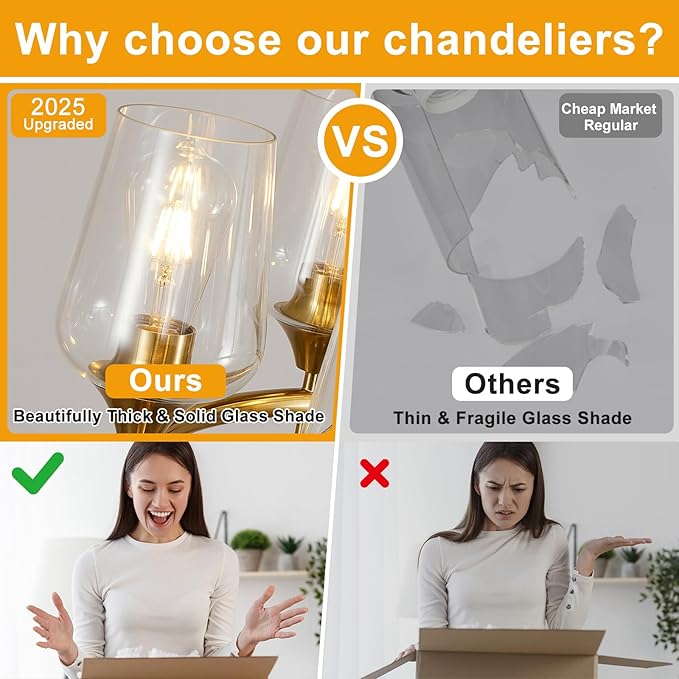 25" Gold Chandelier, 6-Light Farmhouse Chandeliers for Dining Room Light Fixtures Over Table, Modern Industrial Hanging Lighting with Clear Glass Shade for Living Room Bedroom Foyer Kitchen Island