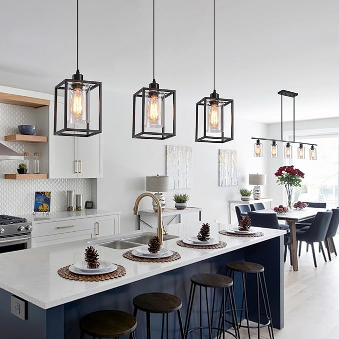 Black Pendant Lights for Kitchen Island Industrial Lantern Pendant Light Fixtures with Clear Glass Shade, Farmhouse Adjustable Height Hanging Pendant Lighting