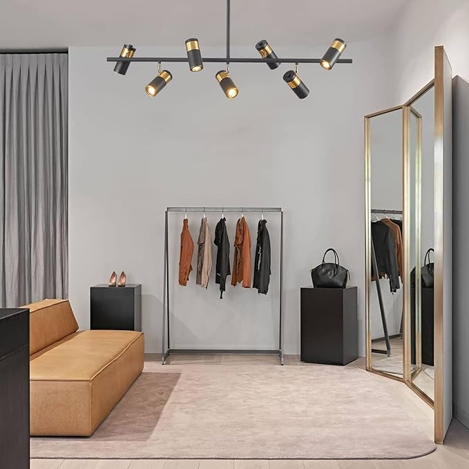 KCO Lighting Black and Gold 7-Light Hanging Track Lighting Modern Kitchen Island Pendant Track Lighting Fixtures Mid Century Ceiling Mount Adjustable Spotlight