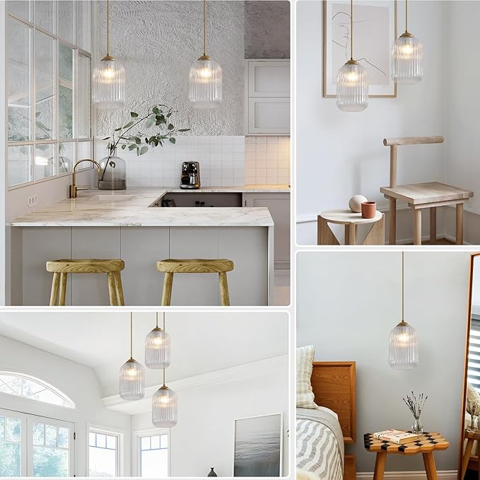 1 Light Mid Century Brushed Gold Pendant Lights Kitchen Island Modern Pendant Ceiling Light Clear Glass Hanging Lamp Mini Vintage Brass Hanging Light Fixture for Dining Room Bedroom MPL30-A