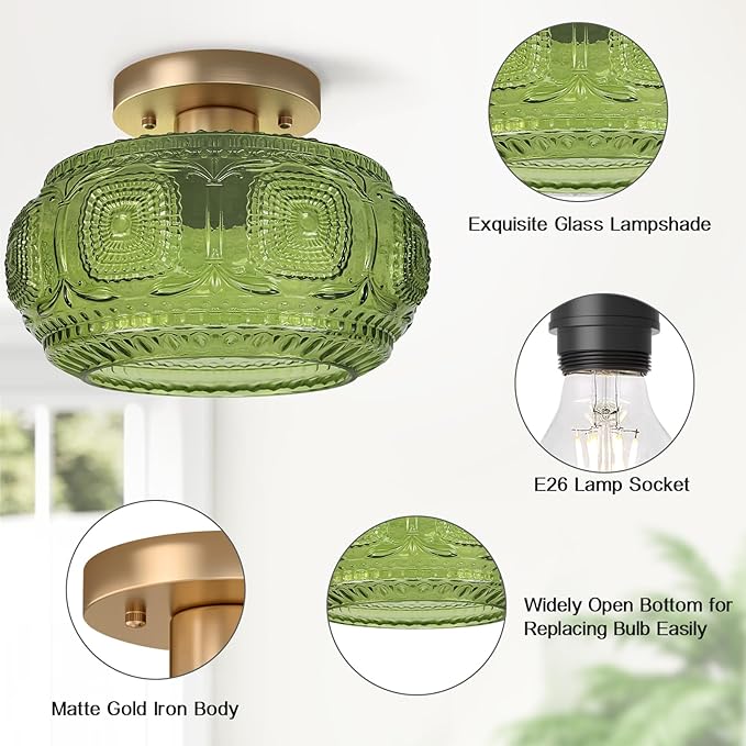 Semi Flush Mount Ceiling Light, Green Globe Glass Ceiling Light Fixture, Art Deco Kitchen Lighting fixtures Ceiling for Hallway Porch Corridor Bedroom, Bulb Not Included