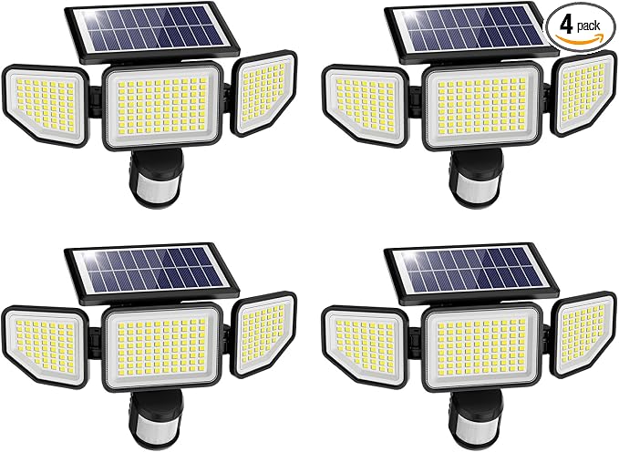 Onforu 4500LM Solar Lights Outdoor, 3 Heads Security Lights with Remote Control, IP65 Waterproof Motion Sensor Lights, 3 Modes Flood Lights for Wall, Porch, Yard, Outside, 4 Pack