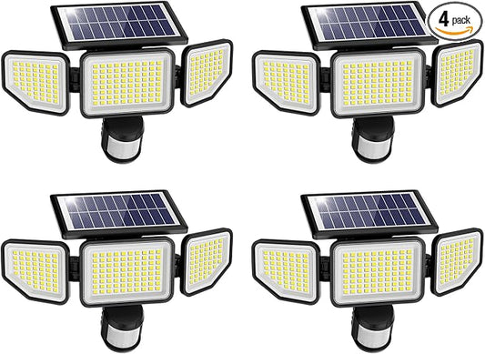 Onforu 4500LM Solar Lights Outdoor, 3 Heads Security Lights with Remote Control, IP65 Waterproof Motion Sensor Lights, 3 Modes Flood Lights for Wall, Porch, Yard, Outside, 4 Pack