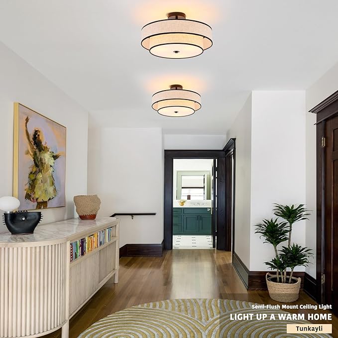 3-Light Drum Semi Flush Mount Ceiling Light, 18" Modern Black Ceiling Lighting Fixture, Vintage 2-Tier Linen Ceiling Lighting for Living Room, Bedroom, Kitchen, Dining Room, Hallway, Entryway