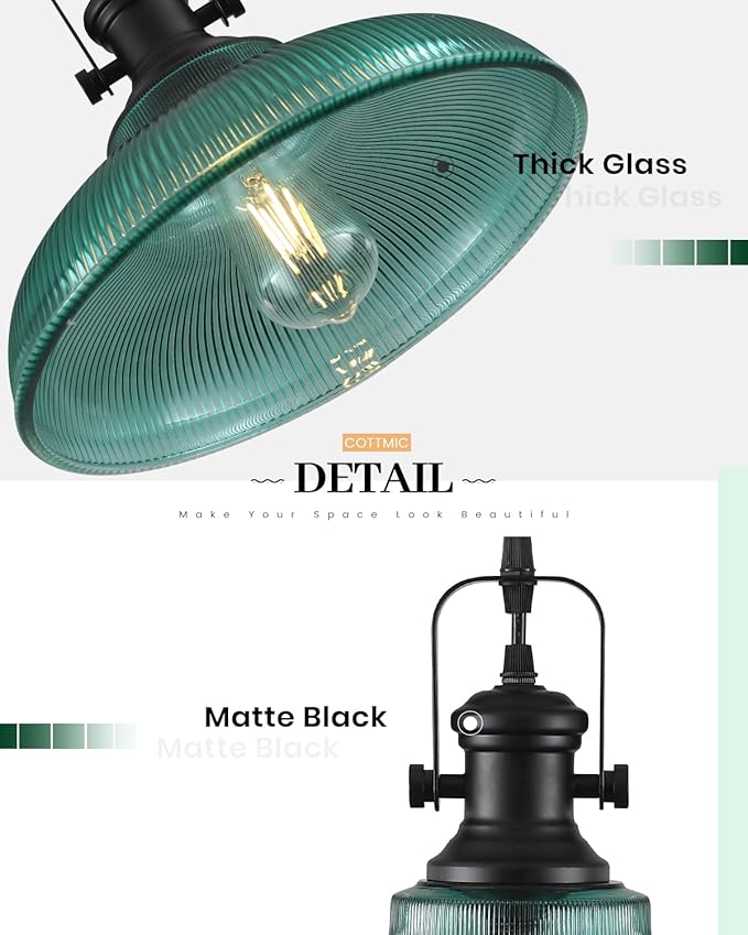 Green Glass Pendant Lights Kitchen Island, 12in, Ribbed Glass Kitchen Pendant Lights Fixture, Farmhouse Pendant Lighting for Dining Room Bedroom Bar Sink, 2 Pack