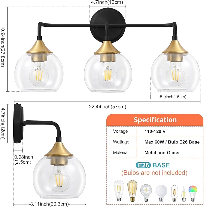 Bathroom Light Fixtures 3 Light Bathroom Vanity Light with Clear Glass Shade, 22 inch Vanity Lighting Fixtures Over Mirror, Black and Gold Vanity Lights Fixture (Exclude E26 Bulb)