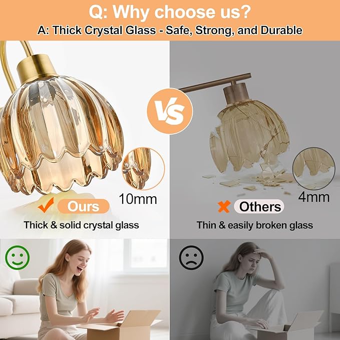 2-Pack Brushed Gold Bathroom Vanity Light, Single-Head Wall Sconce with Ribbed Amber Tulip Glass Shade, Vintage Bathroom Light Fixtures for Bedroom, Hallway & Bedside (Bulbs Not Included)