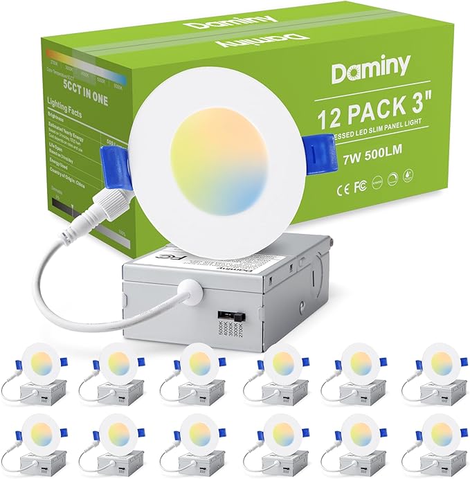 DAMINY 12 Pack 3 Inch LED Recessed Lighting with Junction Box,5CCT,Ultra-Thin Recessed Light,7W 500LM, Dimmable Canless Wafer Ceiling Light, High Brightness