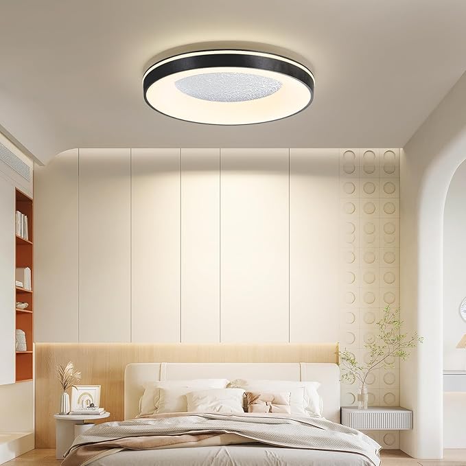 LED Flush Ceiling Light, 15in Black Round Ceiling Light Dimmable 3000K/4500K/6500K Color Recessed Lamp for Living Room, Bedroom, Office,Hallway