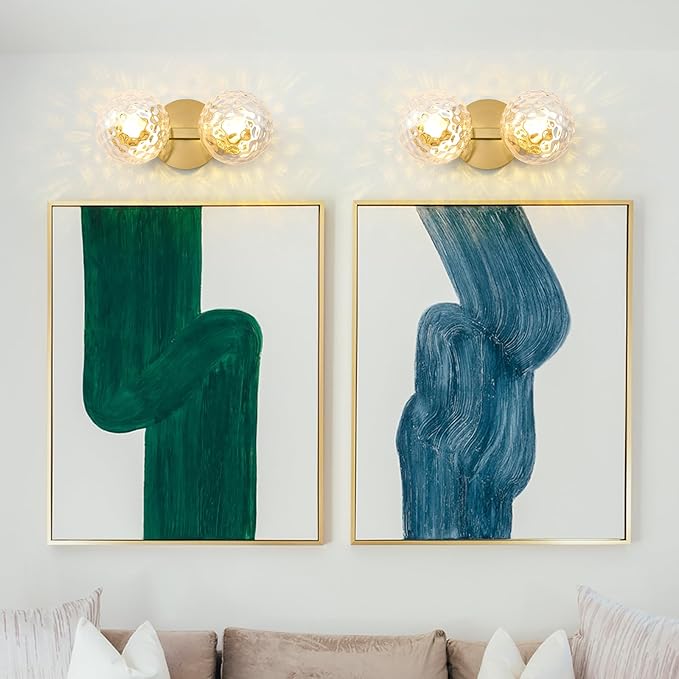Gold Bathroom Vanity Light Fixtures: Modern Wall Scones With 2 Hammered Clear Glass Shades - Globe Makeup Lighting Fixture over Mirror - Brass Ball Powder Room Vanities Lights for Hallway Bedroom
