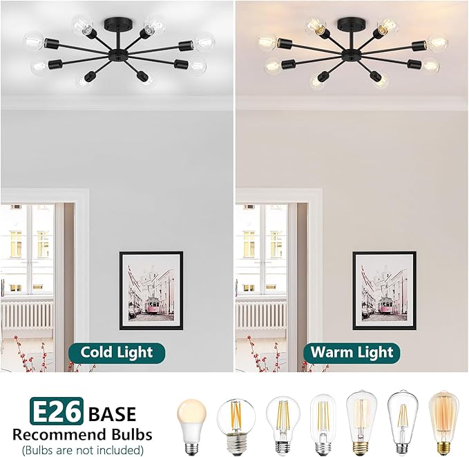 Lomoky 8-Lights Semi Flush Mount Ceiling Light, Matte Black Hallway Ceiling Lighting with E26 Base, Modern Sputnik Light Fixtures for Kitchen Dining Room Bedroom Living Room