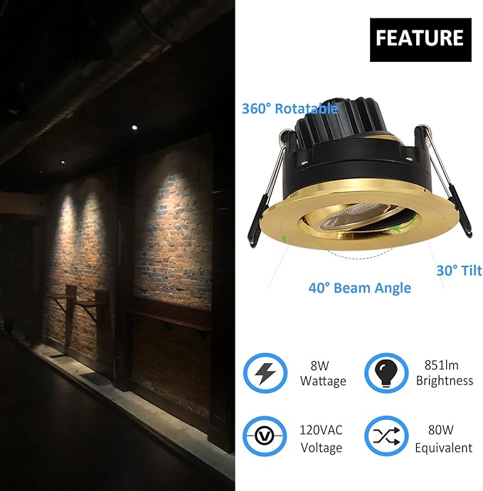 POPANU Premium Shiny Gold 3-inch LED Recessed Lights - 5 CCT 3 Inch Eyeball Ceilling Gimbal Potlight, Dimmable Recessed Lights Fixture with Junction Box, 8W CCT Adjustable, Shiny Gold, 6P