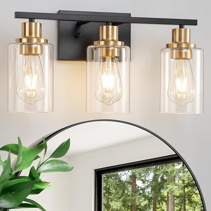 Bathroom Light Fixture Black Gold Vanity Lights Over Mirror, 3 Light Wall Sconces Lighting with Clear Glass Shades, Modern Wall Lights Wall Lamp for Mirror, Hallway Kitchen Bedroom Cabinet