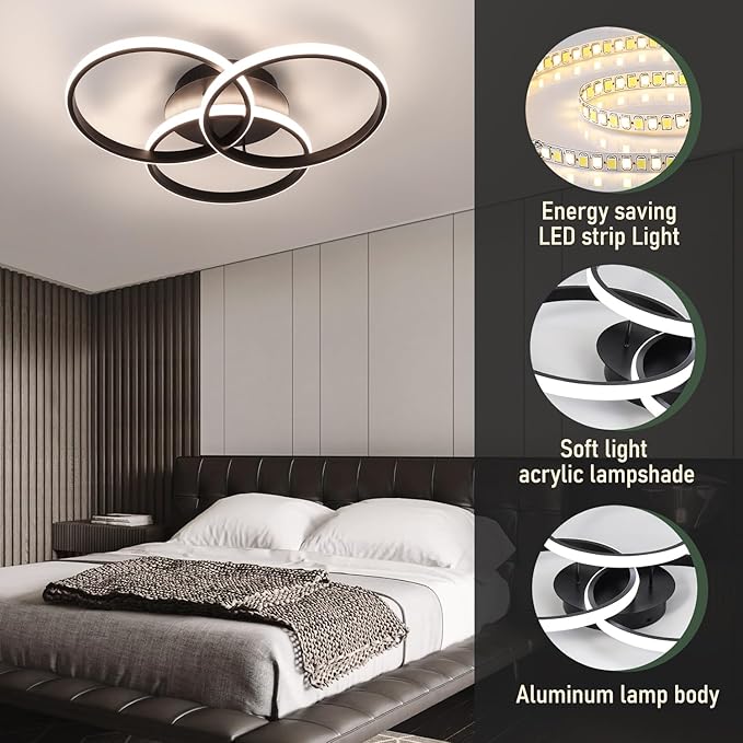 Modern Led Ceiling Light Fixtures with Remote Control, Dimmable Flush Mount Ceiling Light for Bedroom, Living Room, Dining Room, Kitchen (Black, 3000K-6500K)