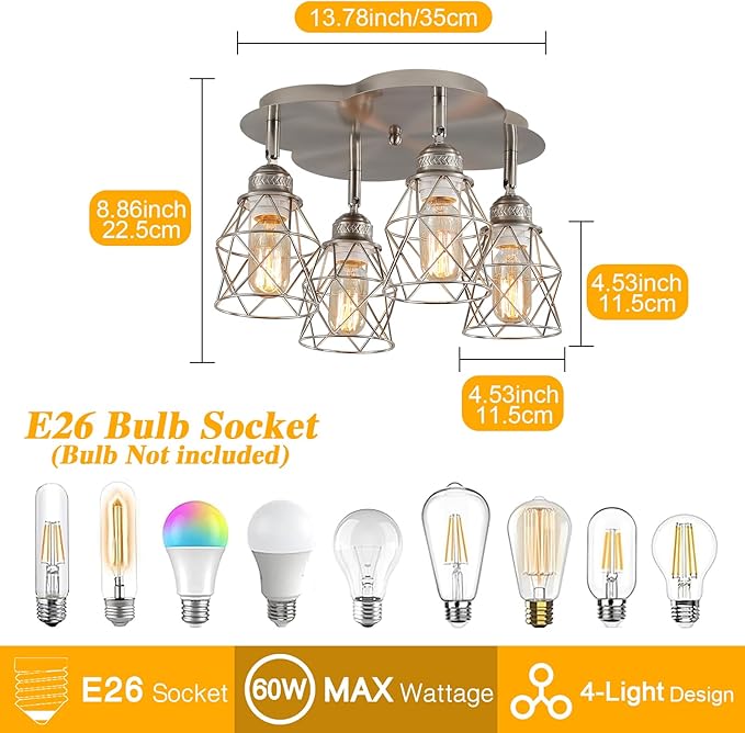 Kitchen Light Fixtures Ceiling Mount, Adjustable Semi Flush Mount Ceiling Light, Multi-Directional Lamp for Kitchen, Hallway, Dining Room, Farmhouse with E26 Base (Brushed Nickel 4-Light)