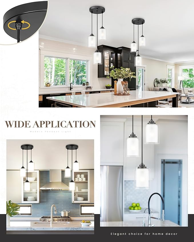 TENGXIN 3 Light Pendant Light,Matte Black Modern Pendant Light for Kitchen Island,Hanging Light with Dual Glass Shade,Farmhouse Pendant Lights for Dining Room,Bedroom,TXPLBK04