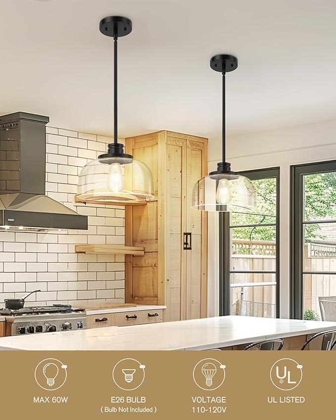 Emak 2 Pack Glass Pendant Light, Modern Farmhouse Black Pendant Lights Kitchen Island, 10 Inch Hanging Light Fixture for Kitchen Island, Dining Room, Bathroom, Bar, PL131-BK-CG-2PK
