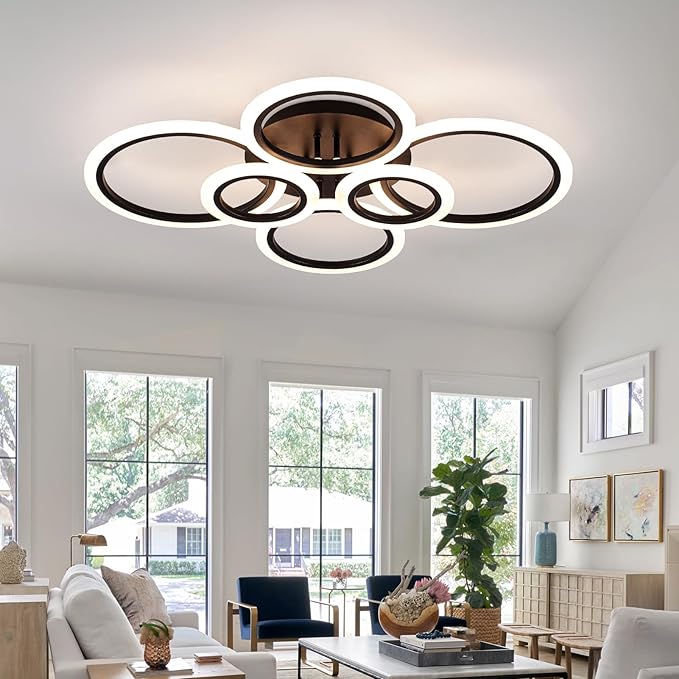 Modern Ceiling Lights 31.8" 68W, Dimmable Kitchen Lighting Fixtures Ceiling, 3000-6500K Light Fixture Ceiling Mount with Remote Control, Black 6 Ring LED Ceiling Light for Bedroom