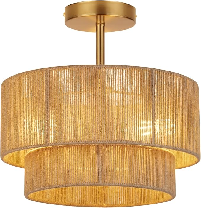 3-Light Boho Light Fixtures Ceiling Mount,12.6'' Rattan Semi Flush Mount Ceiling Light Fixture,Coastal Hemp rope Drum Light Fixtures with 2-Tier Shade, Farmhouse Light Fixture for Bedroom Hallway