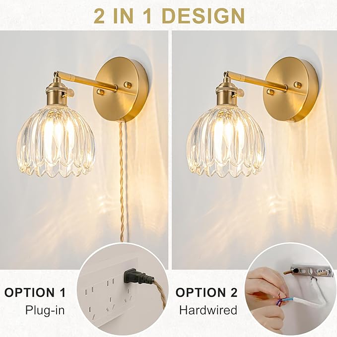 Plug in Wall Sconces Set of 2, Vintage Wall Sconce Light with Tulip Transparent Glass Lampshade, Bedroom Wall Sconce with Switch and Plug in wall lamp Cord, Gold Wall Light Wall Decor Set of 2